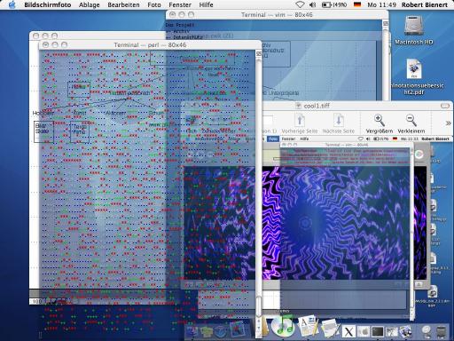 zwei unterschiedlich transparente Terminals, jeweils mit Hintergrundbild, in einem davon läuft ein zellularer Automat ab, darunter die Vorschau mitdem cool1.jpg Screenshot sowie Apple Works; Blick auf meinen Desktop